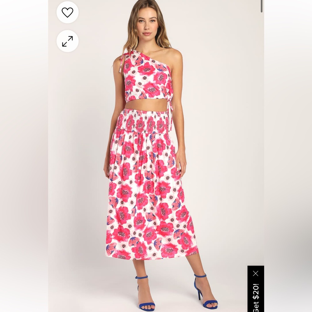 Lulus Perfectly Peppy Ivory Floral Print Midi Skirt and One Shoulder Top